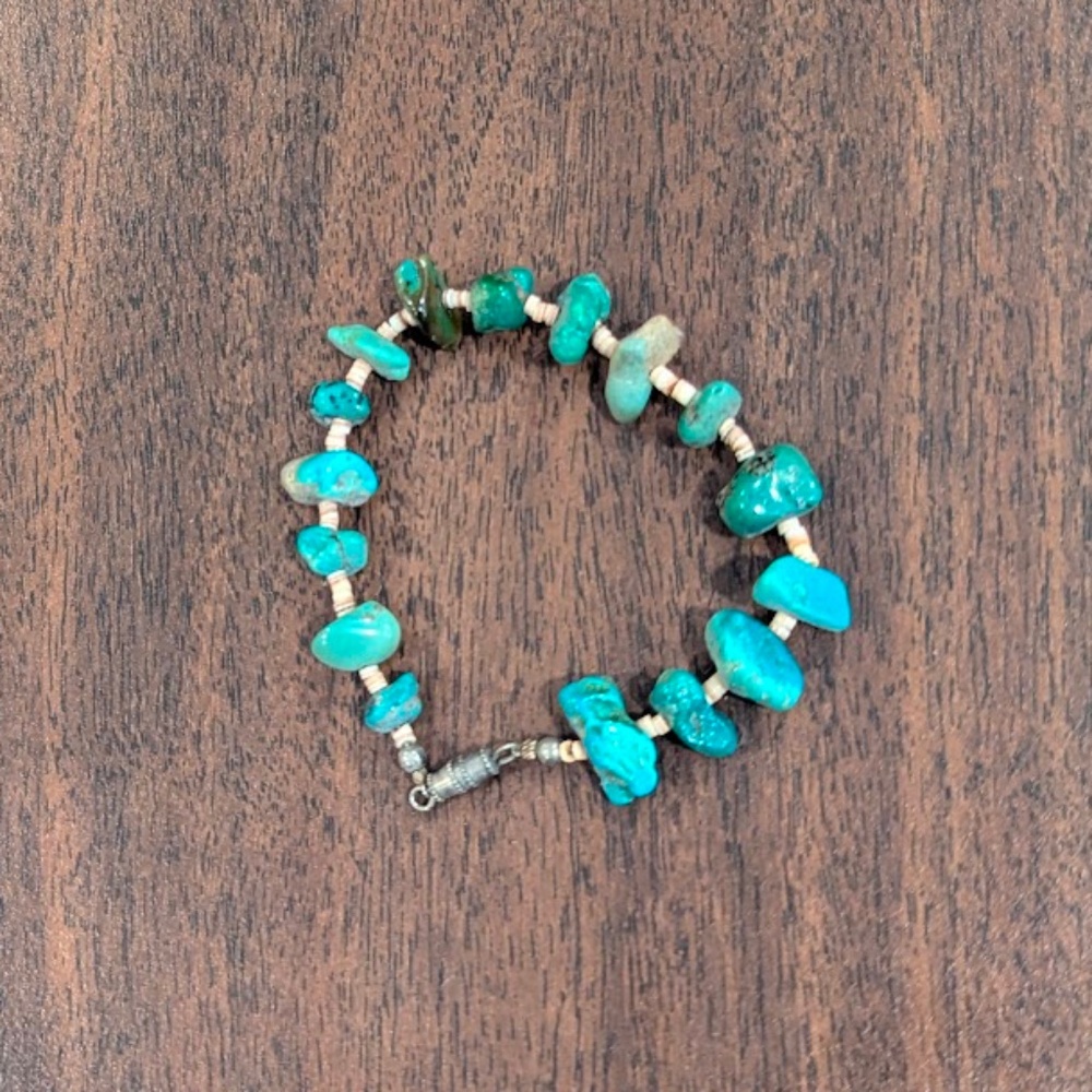 Vintage Turquoise Chunky Nugget & Shell Bead Bracelet Native American 1970s